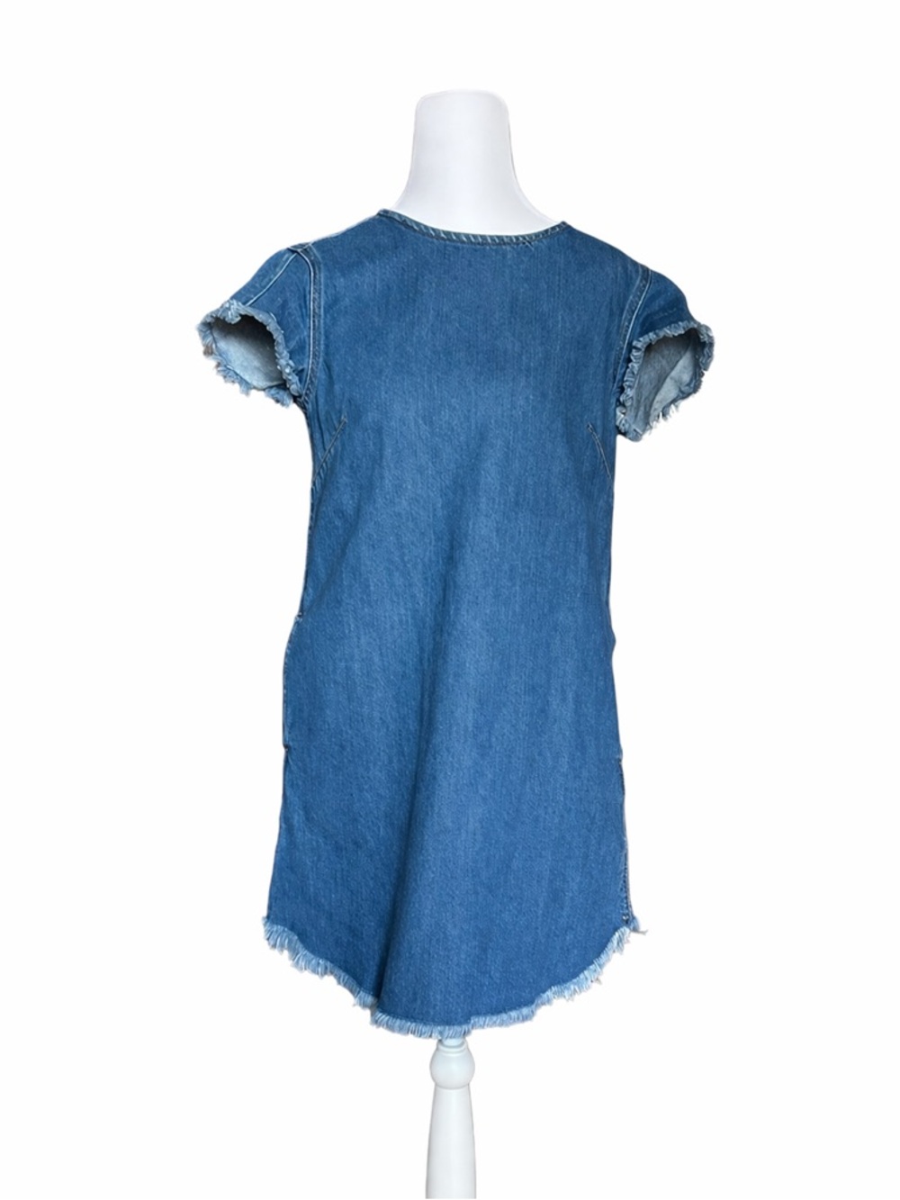 Good American Blue Denim T-Shirt Dress Size 1 S Frayed Raw Edge Hem Mini Shift